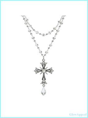 Layered Rhinestone Cross Necklace Gothic Rosary Style Pendant Women